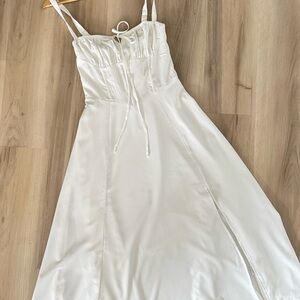 Marthia White Satin Corset Midi Dress, Cottagecore Coquette Lace-Up Back, Size M